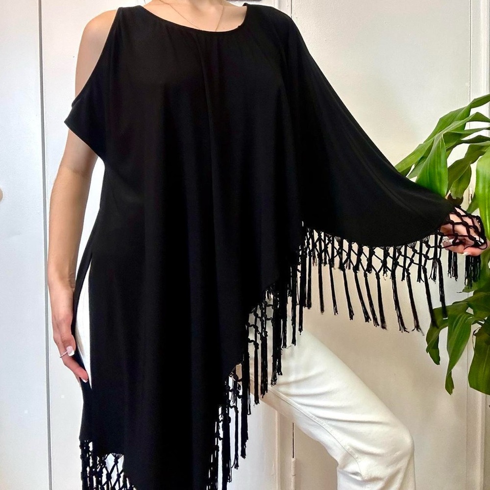 Joseph Ribcoff Bohemian Fringe Asymmetrical Black Poncho